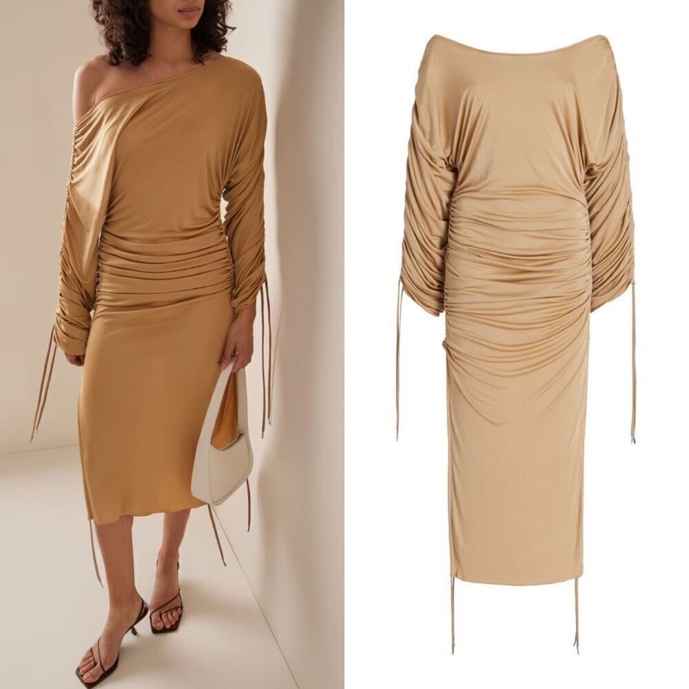 Atlein Dress Beige Ruched‎ Long Sleeve Off Shoulder Designer Midi Dress Size 40